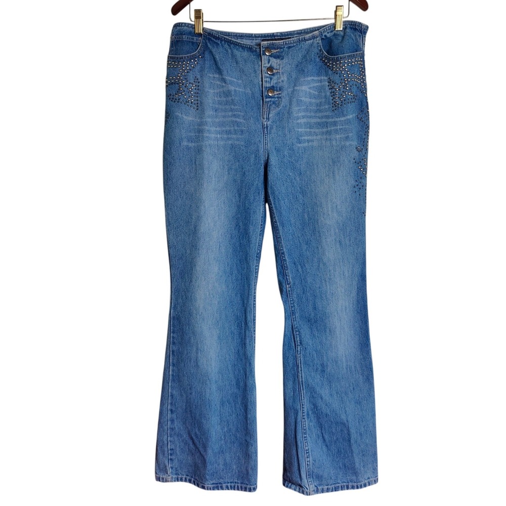 Vintage Route 66 Low Rise Studded Rhinestone Bootcut Jeans Women 14 Blue Y2K